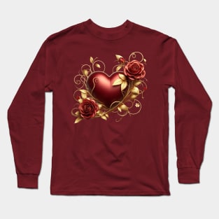 Valentines Day Red Heart, Red Roses, Golden Vines Long Sleeve T-Shirt